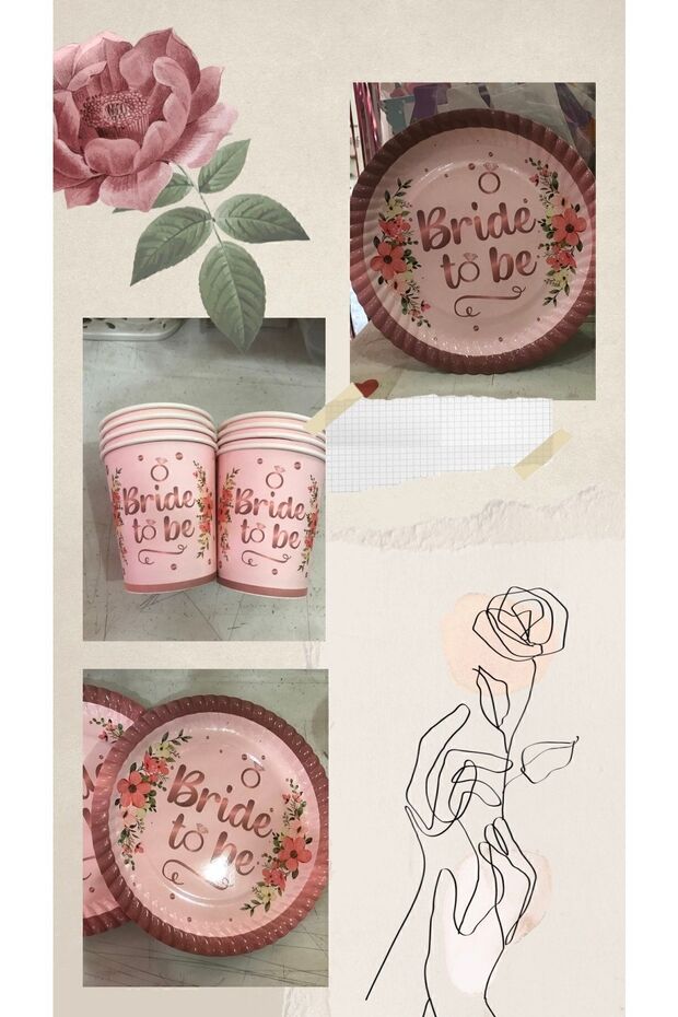 Bride To Be Çiçekli Pembe Tabak Bardak Set 8 Kişilik - 7