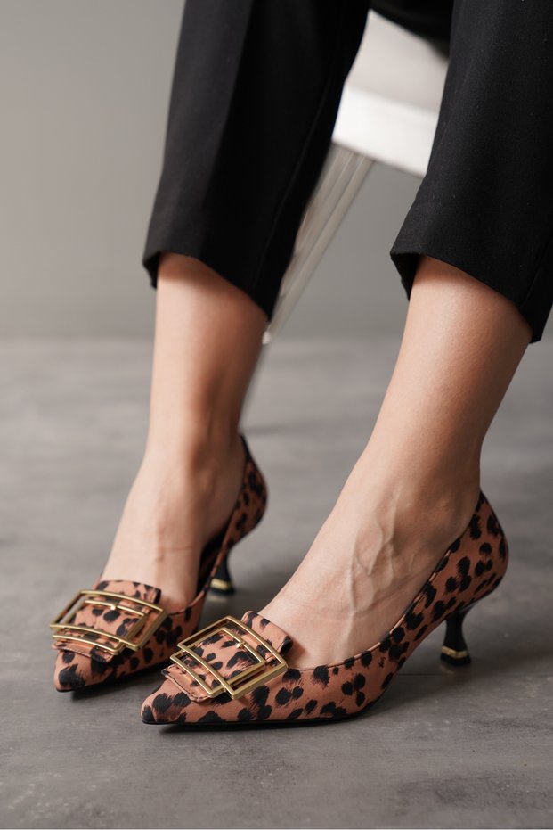 Women's Design Buckle Short Heeled Shoes Likarbi Leopard