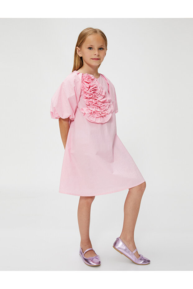 Dress Short Balloon Sleeve, Flower Applique Detailed Comfortable Fit