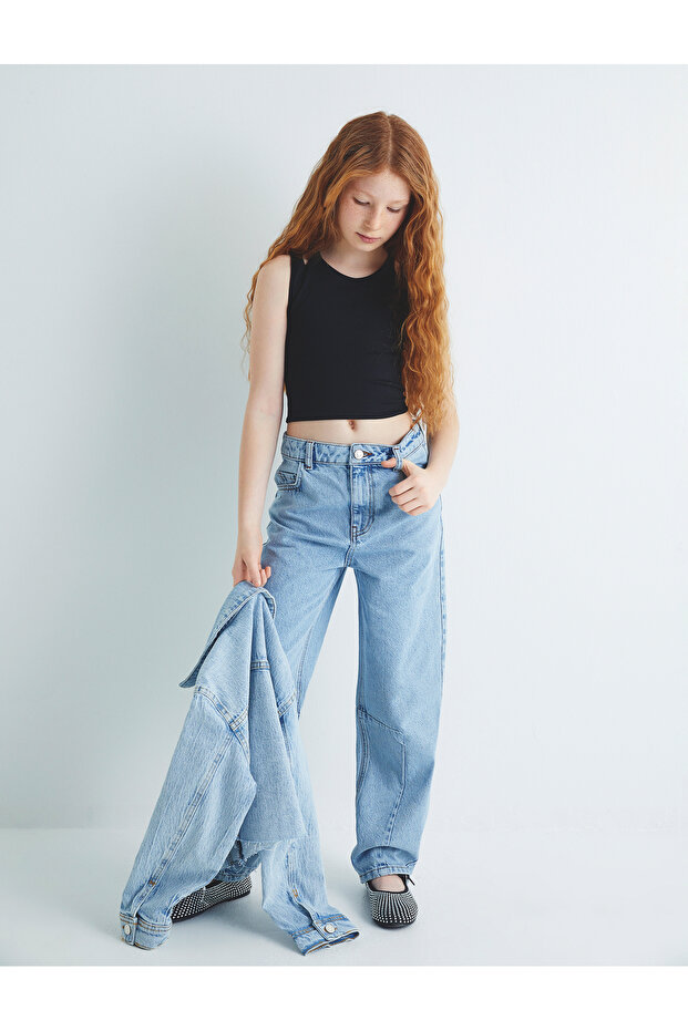Crop Jeans Pants with Stitching Detail and Pockets Cotton