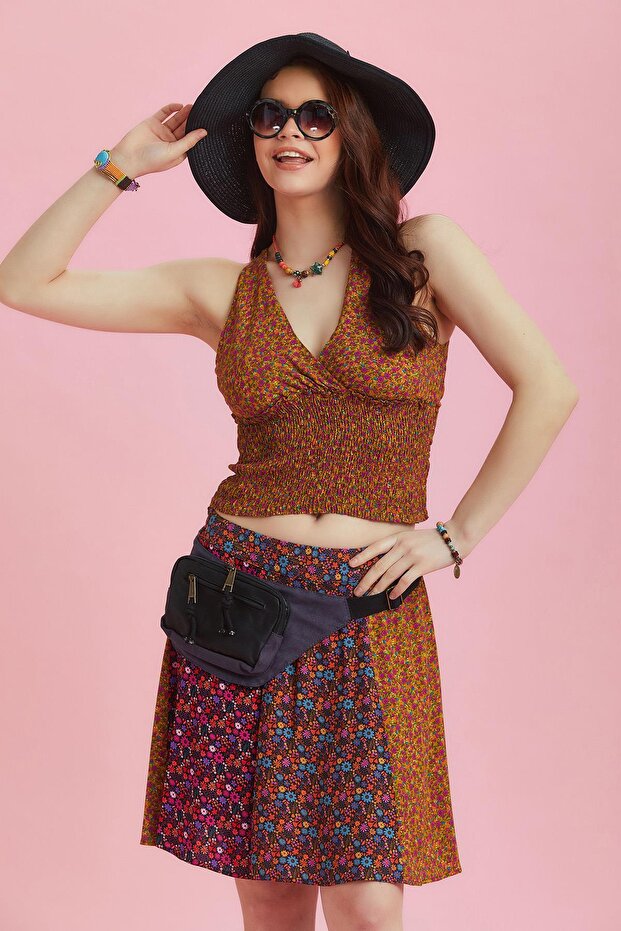 Desenli Patchwork Parçalı Mini Etek - 5