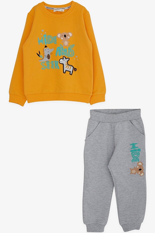 Baby Boy Tracksuit Set Cute Animals Printed 9 Months-3 Years, Mustard Yellow