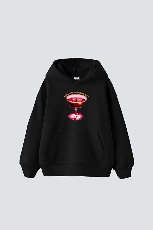 My Strawberry Printed Oversize Unisex Premium Black Hoodie