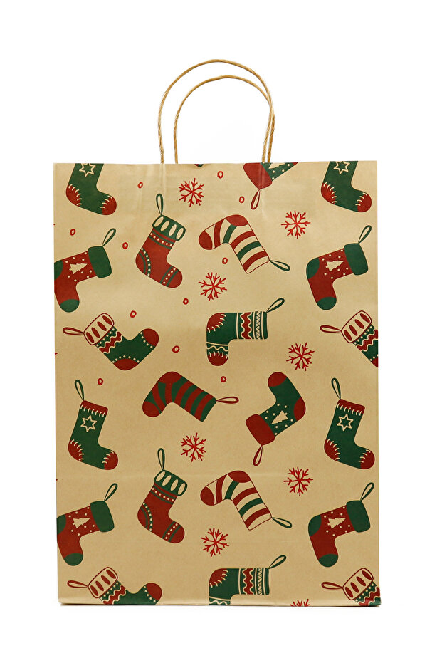 31x42 Yılbaşı Temalı Kraft Kağıt Poşet 2 Adet ( Çorap Desenli ) - 2