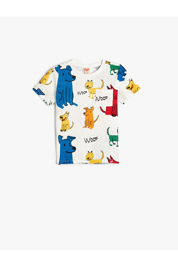 T-Shirt Crew Neck Short Sleeve Dog Printed Pocket Cotton