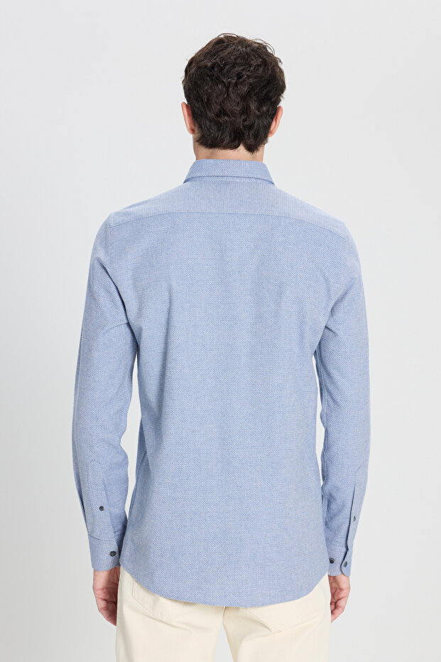 Erkek Mavi Slim Fit Dar Kesim Klasik Yaka Flanel Gömlek - 6