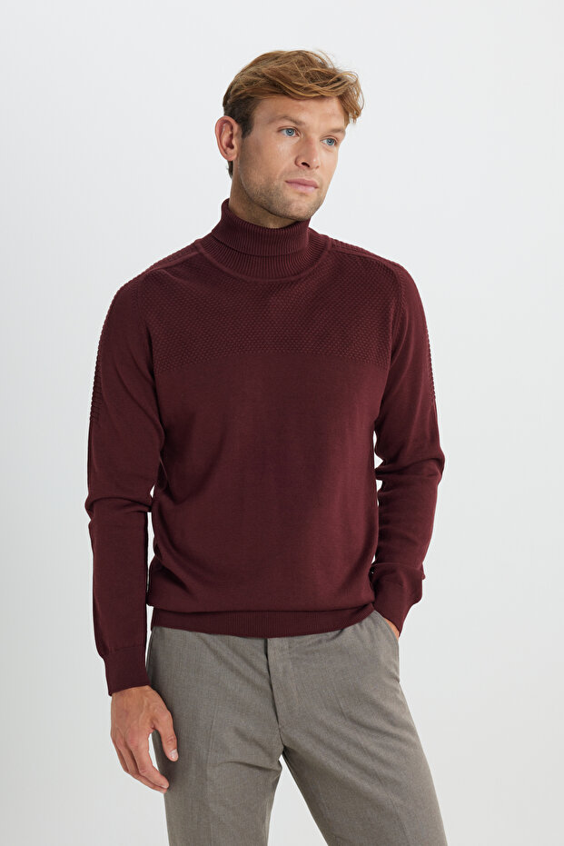 Men's Burgundy Cotton Standard Fit Regular Fit Full Turtleneck Jacquard Knitwear Sweater
