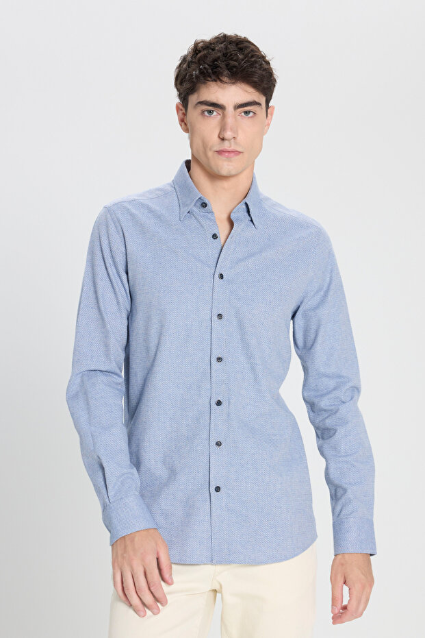 Erkek Mavi Slim Fit Dar Kesim Klasik Yaka Flanel Gömlek - 3