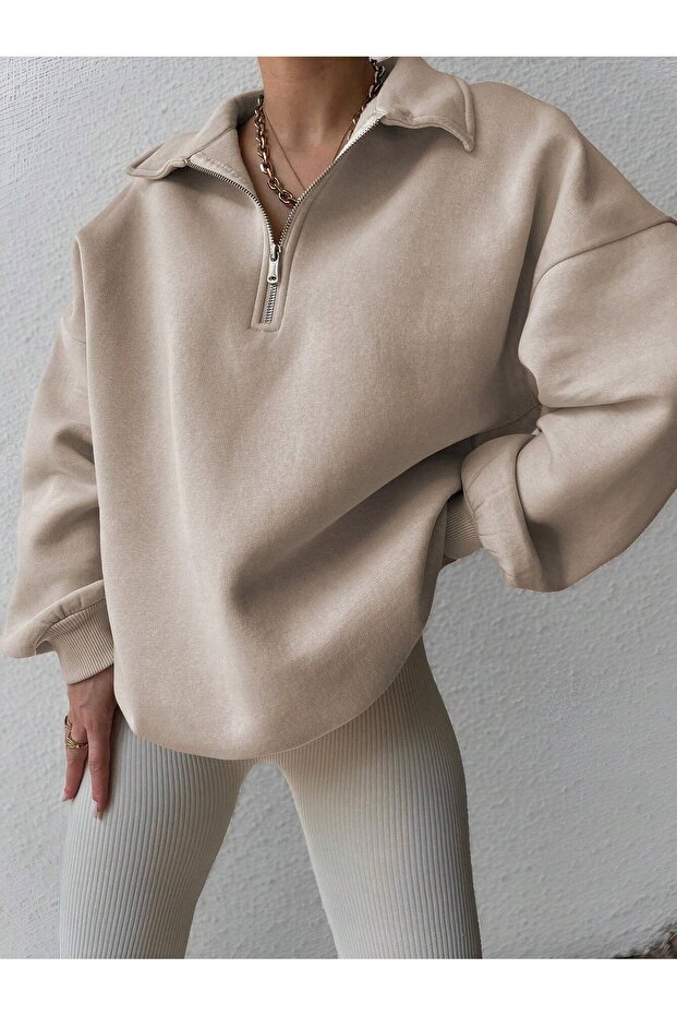 Women's 3 Yarn Mink Zippered Polo Neck Oversize Sweatshirt
