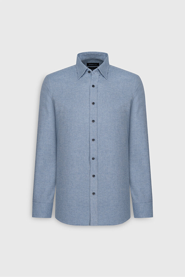 Erkek Mavi Slim Fit Dar Kesim Klasik Yaka Flanel Gömlek - 7