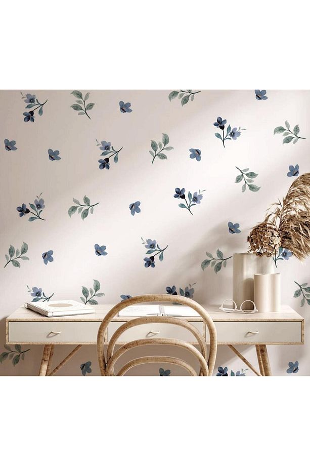 Mavi Çiçekler ve Yapraklar Duvar Sticker Boho Duvar Dekorasyon - 3