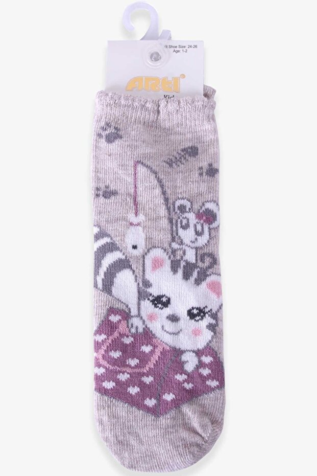 1-2-7-8 Years Beige Girl's Socks - With Gluttonous Cat