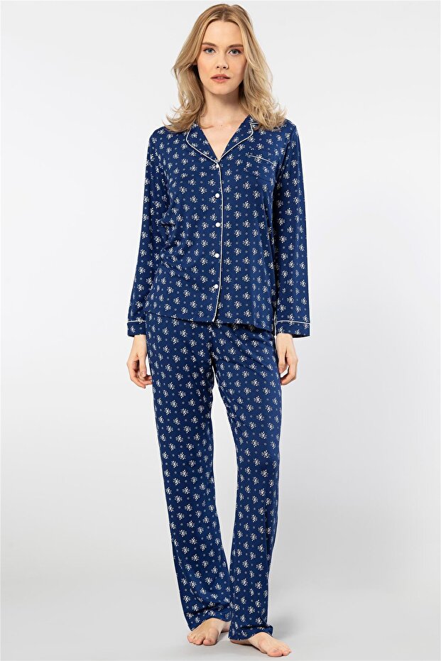 3379 Women's Long Sleeve Shirt Pajama Set-Navy Blue