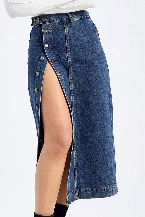 Yüksek Bel İki Cepli Yıkamalı Likrasız Önü Boydan Düğmeliı Şık ve Cool Uzun Kalem Denim Kot Etek - 1