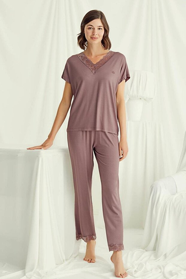 18512 Women's V-Neck Short Sleeve Pajamas Set-Brown