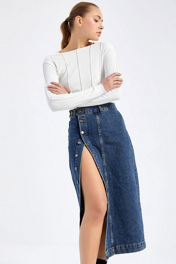 Yüksek Bel İki Cepli Yıkamalı Likrasız Önü Boydan Düğmeliı Şık ve Cool Uzun Kalem Denim Kot Etek - 4