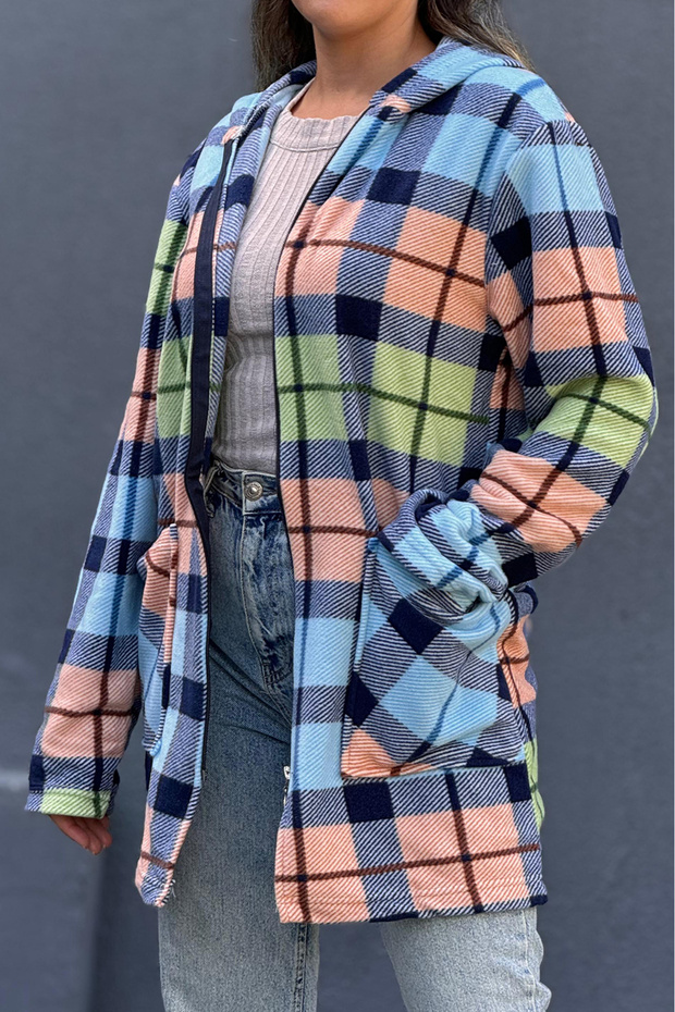 Plaid Pattern Fleece Jacket - Plus Size - 3