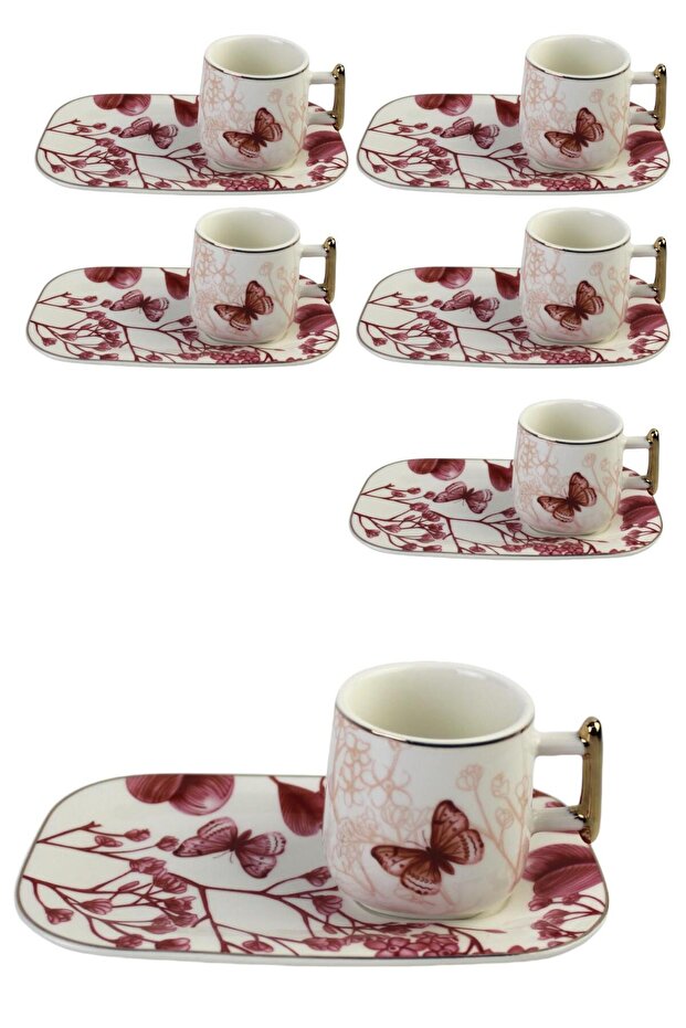 Set of 6 Porcelain Coffee Cups Red Butterfly Gilded