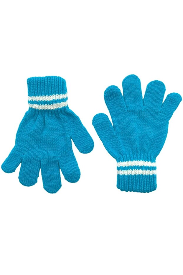 Children's Winter Cyan Soft Textured Striped Pattern Detailed Knitted Gloves