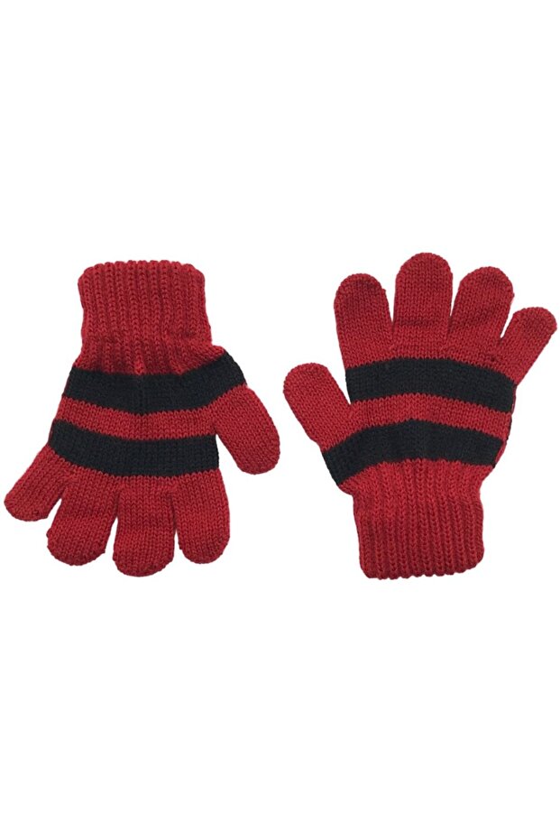 Children's Winter Red Color Soft Textured Striped Patterned Knitted Gloves Glove