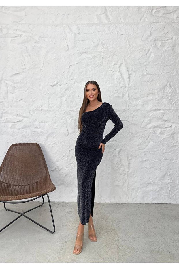 Simli Kumaş Tek Omuz Midi Boy Şık Abiye Elbise - Kına Elbisesi - 1