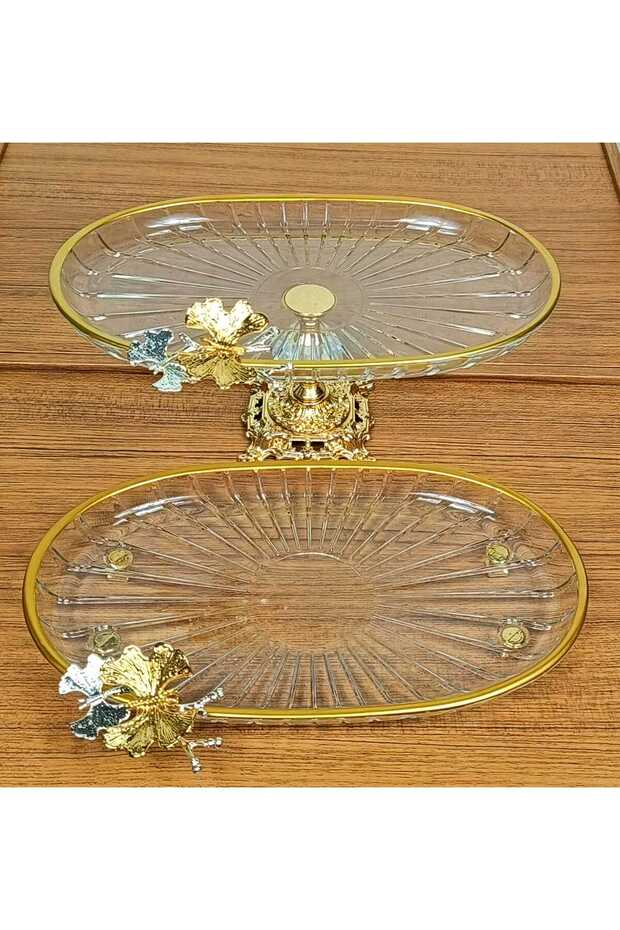 Pack of 2 Pasabahce Crystal Metal Legs Gold Gilded Oval Plain Cake Presentation Dispenser