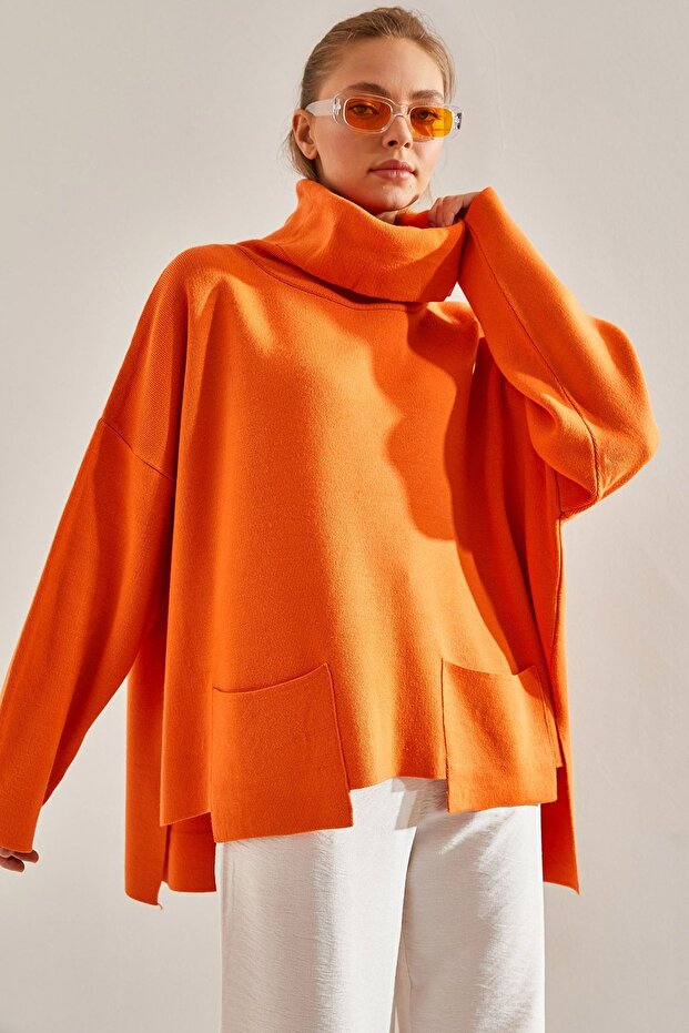 Women's Turtleneck Double Pocket Oversize Knitwear Poncho Sweater