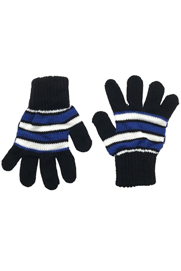 Children's Winter Black Soft Textured Striped Patterned Knitted Gloves Glove