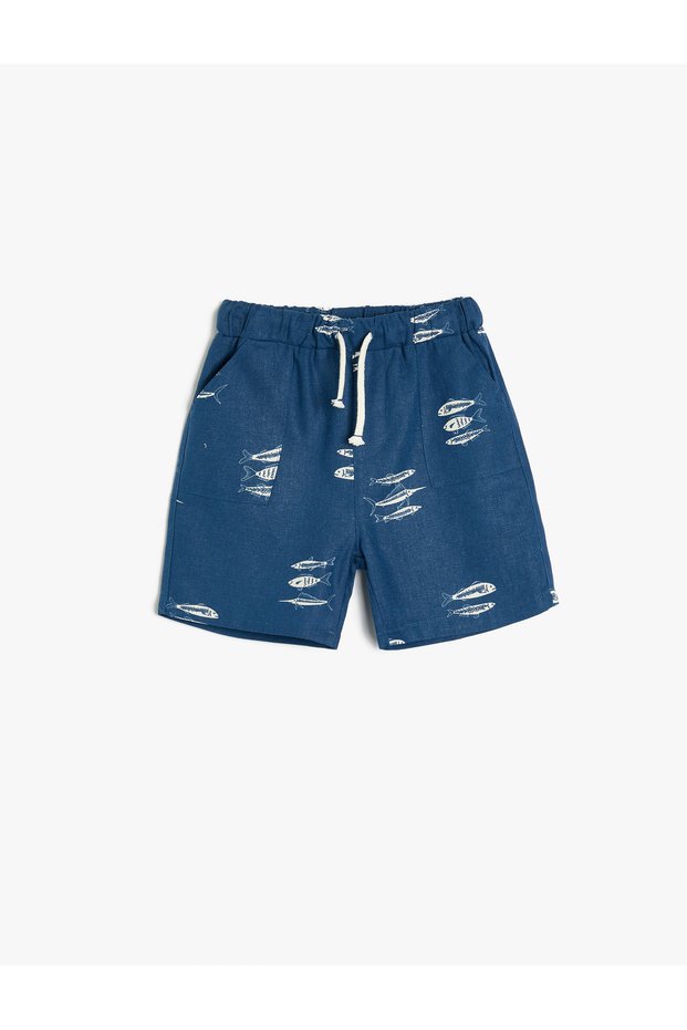 Fish Printed Linen Shorts - With Waist Tie and Pockets