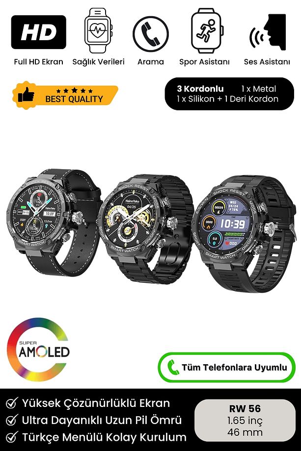 Yeni Nesil Super Amoled HD Ekran RW 56 3 Kordonlu Spor Sağlık Sensör iOS Android Uyumlu Akıllı Saat - 1