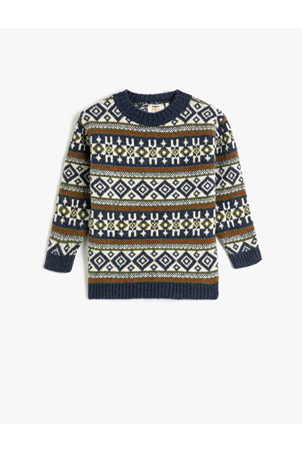 Sweater Knitted Round Neck Long Sleeve Ethnic Patterned