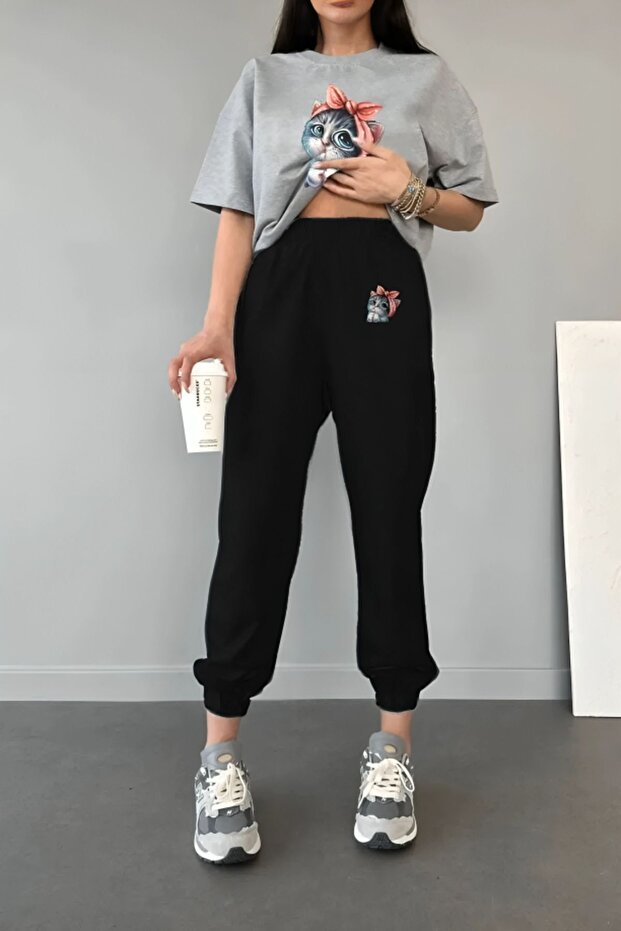 Cat Print Grey T-Shirt and Black Jogger Tracksuit Set - Crew Neck