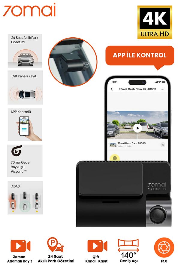 Ön Cam Kayıt Kamerası A800s Çizgi Kamerası 4k Gps Wifi - 1