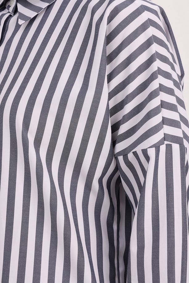 Lacivert-Beyaz Oversize Basic Gömlek - 5
