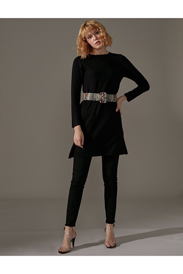 Basic Sıfır Yaka Triko Tunik Siyah - 1