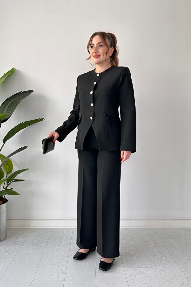 طقم أسود بأكمام طويلة و5 أزرار - 1