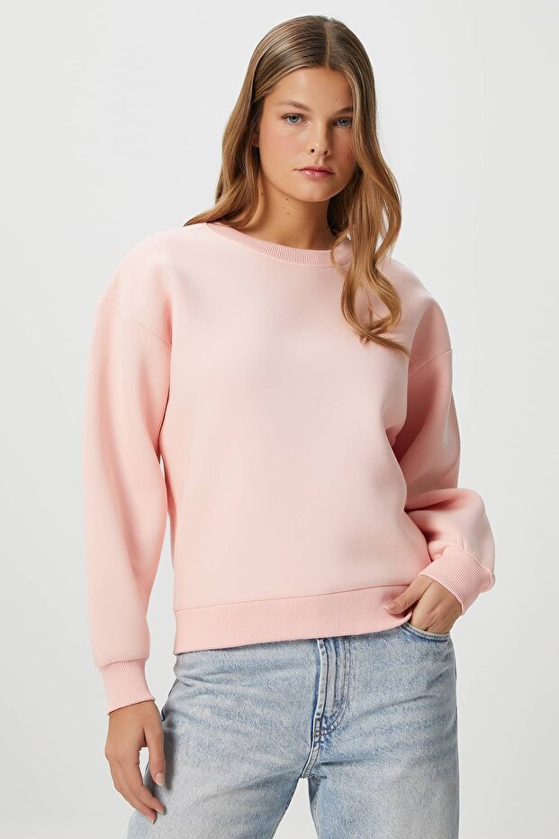 Kadın Cozy İçi Polarlı Soft Pembe Basic Bisiklet Yaka Pamuklu Kalın Örme Sweatshirt - 2