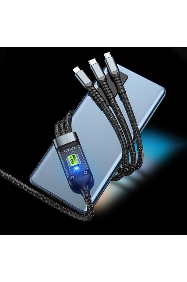 3in1 100 Watt 1.2 Metre Halat Örgü Kırılmaz Uç Hızlı Şarj ve Data Kablosu - 4