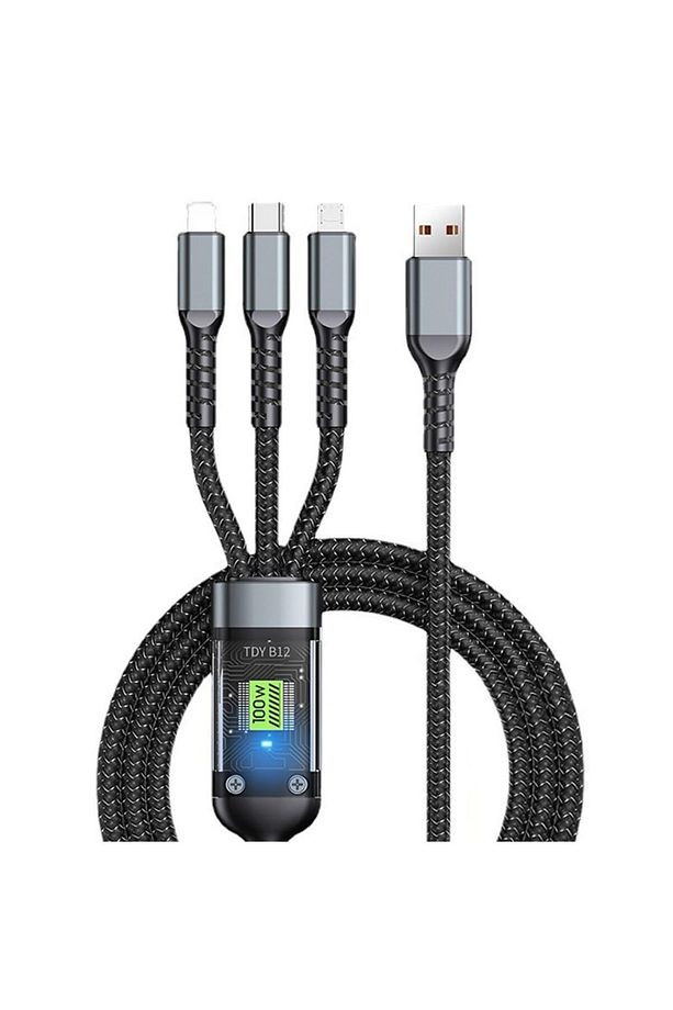 3in1 100 Watt 1.2 Metre Halat Örgü Kırılmaz Uç Hızlı Şarj ve Data Kablosu - 3
