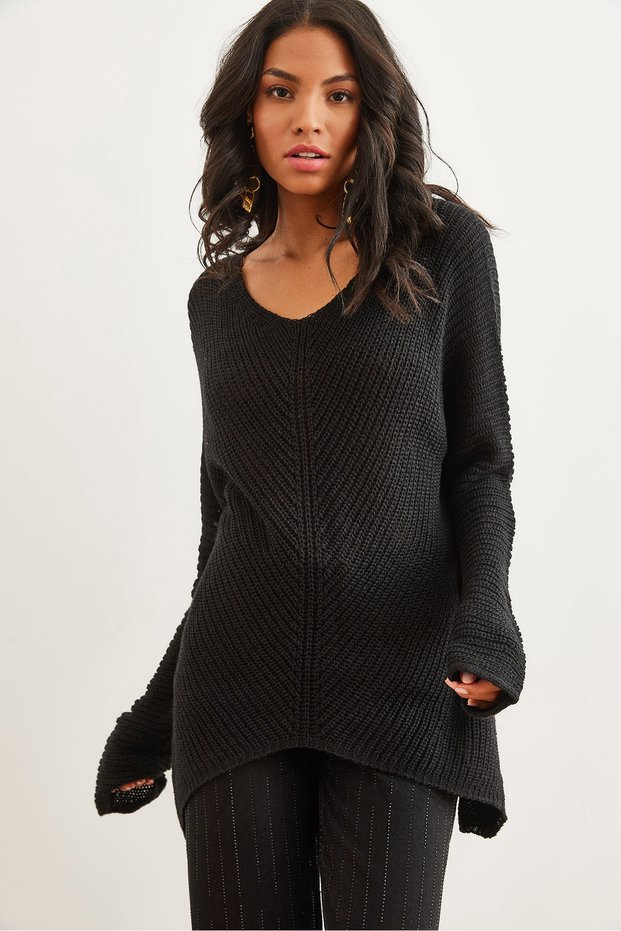 Women's Black Verev Knitted V-Neck Thessaloniki Sweater Kzk-19000867