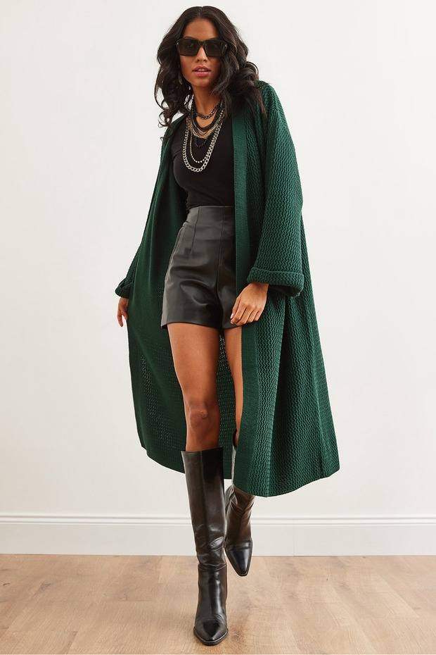Women's Emerald Green Cuff Folded Maxi Knitwear Cardigan Hrk-19000297