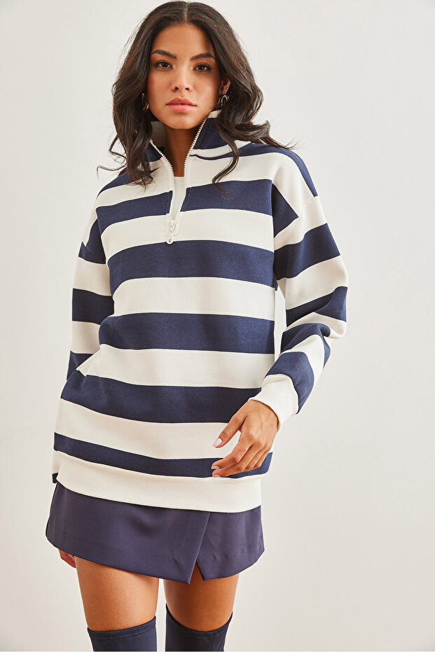 Women's Striped Navy Blue Zippered High Collar Thick Sweatshirt Swt-19000690
