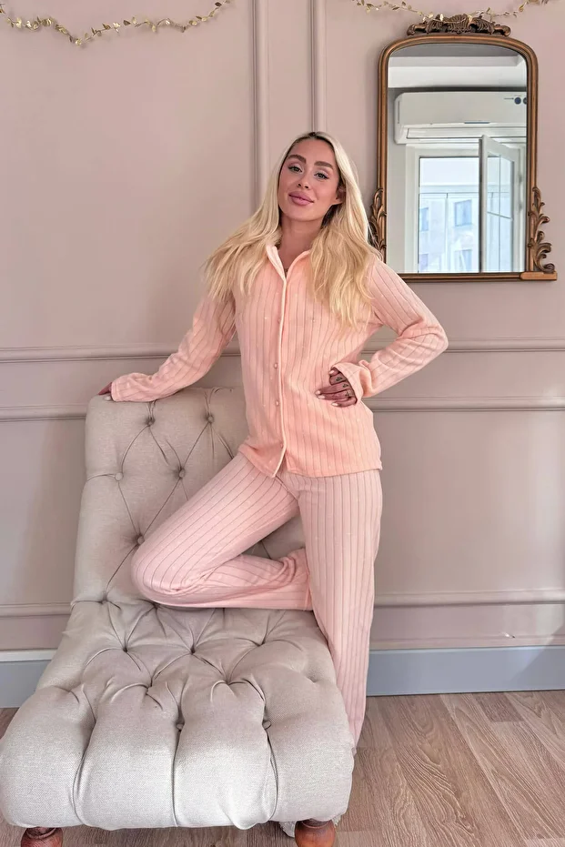 Orange Polka Dot Patterned Front Buttoned Plush Fleece Pajama Set - 6