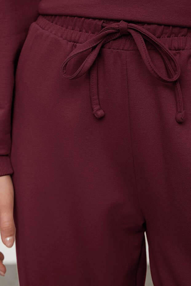 Bordo Relaxed/Rahat Kalıp Wide Leg/Geniş Paça Örme Sweatshirt Alt Eşofman Takımı TWOAW25EM00004 - 4