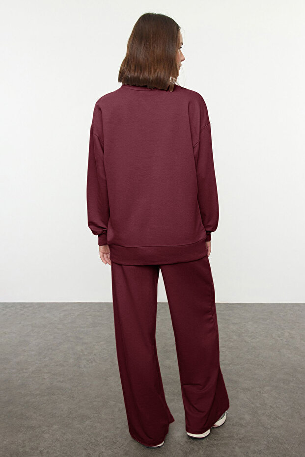 Bordo Relaxed/Rahat Kalıp Wide Leg/Geniş Paça Örme Sweatshirt Alt Eşofman Takımı TWOAW25EM00004 - 5