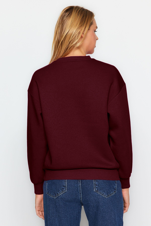 Bordo Kalın İçi Polarlı Regular/Normal Kalıp Bisiklet Yaka Basic Örme Sweatshirt TWOAW24SW00101 - 7