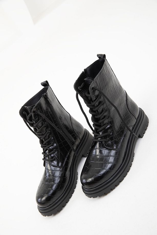 Siyah Kroko Kadın Bot & Bootie 13786 - 2