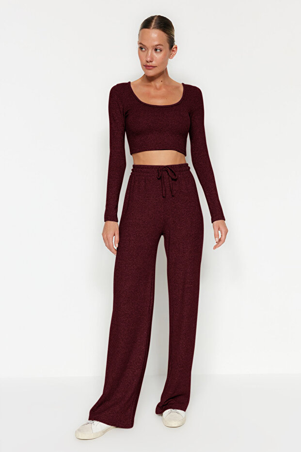 Bordo Yumoş Crop ve Wide Leg/Geniş Paça Örme Alt Üst Takım TWOAW23AU00125 - 1