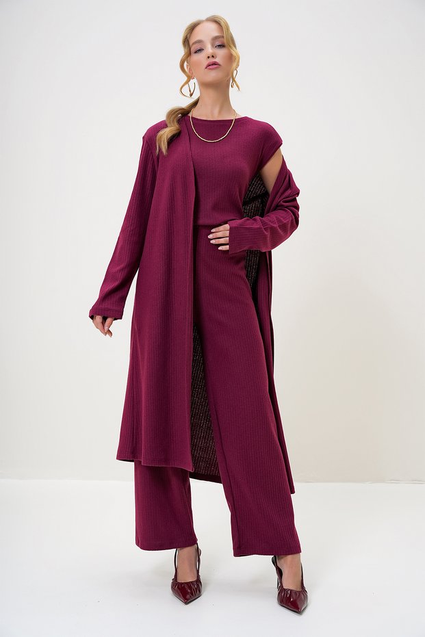 Women's Burgundy Padded Shoulders Crew Neck Blouse Pants and Cardigan Set ALC-X4710-RV