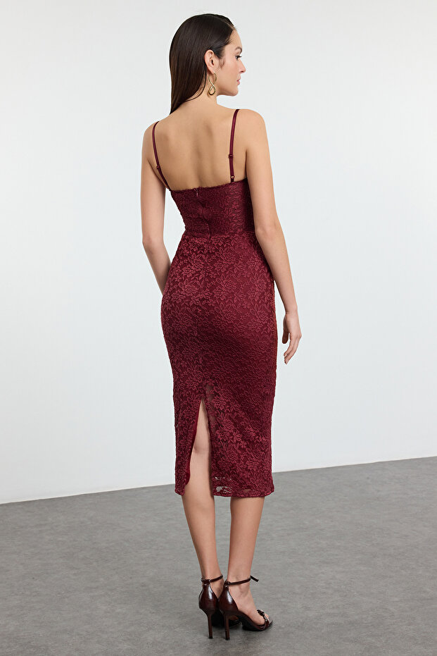 Bordo Astarlı Dantel Örme Midi Abiye Gece Mezuniyet Elbisesi TPRAW25EL00120 - 8